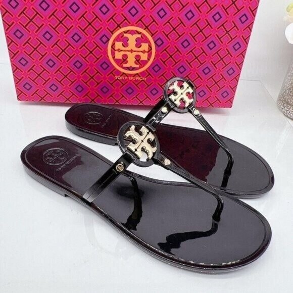 Tory Burch Mini Miller Womens Thong Flat Sandal Black Rubber Gold Logo US 7 - Picture 2 of 9